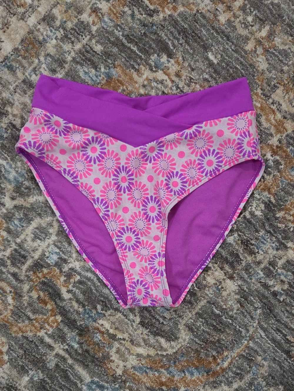 Junior's Purple Floral High-Waist Swim Bottoms